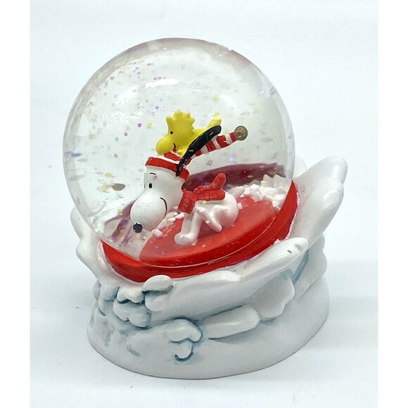 Peanuts Hallmark Snoopy Woodstock Sledding Mini 2.75" Snow Globe Winter - Picture 1 of 6